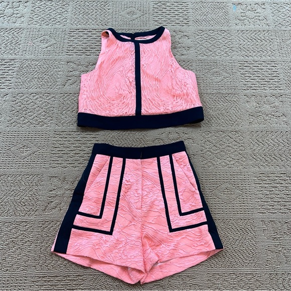 J. Mendel Pants - J. MENDEL CORAL LACE CROP TOP AND SHORTS SET
